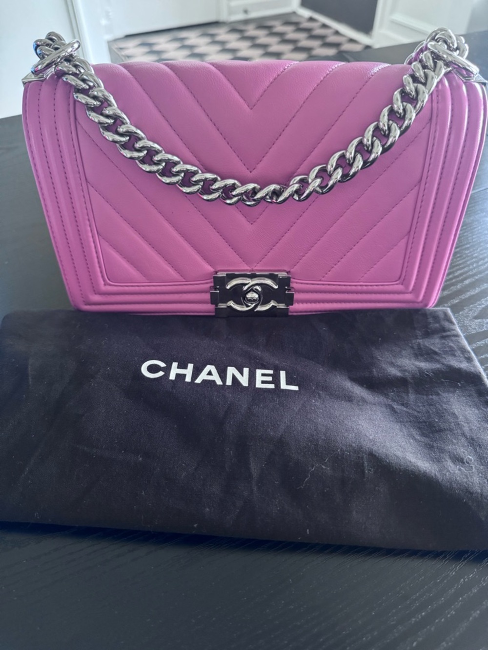 CHANEL pink Quilted Chevron Shoulder Bag with Silver CC Lock